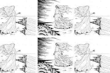 Fototapeta premium Ghost Bride Black and White Line Art – Detailed Ink Drawing