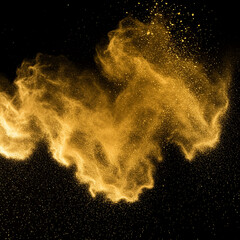 Golden Dust Cloud: Photorealistic Gold Powder Suspended in Air on Black. High Detail.
