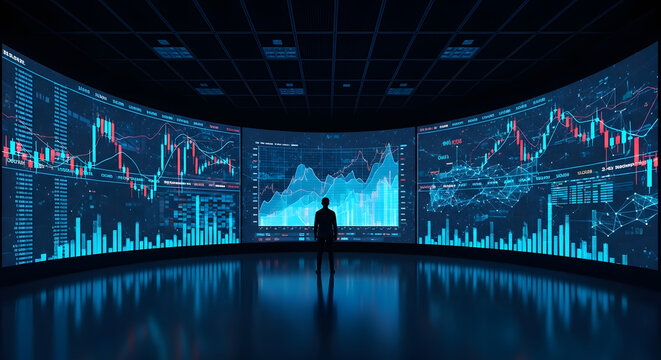 A lone analyst stands before a panoramic wall of screens showing glowing blue financial data.