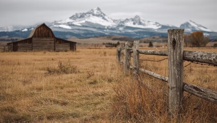 Rustic barn nestled in a golden autumn field, snow-capped mountains in the distance