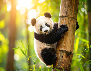 Fototapeta premium Panda Cub Climbing in Forest with Soft Background Blur