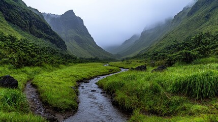 A tranquil mountain valley with a winding stream and lush greenery.
