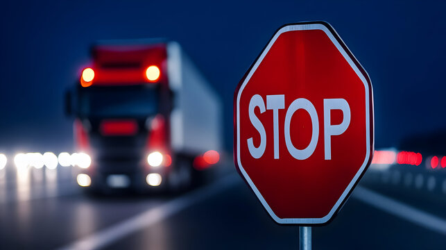 Trucks stopped at customs barrier with stop sign