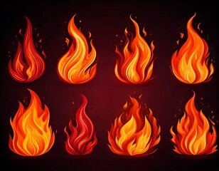 Set of red and orange fire flame. Collection of hot flaming element. Idea of energy 