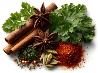 Fototapeta premium Aromatic star anise, cinnamon sticks, fresh parsley, and various colorful spices arranged on white backdrop.