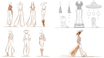 Elegant fashion sketch collection of women in wide-leg pants, blouses, and hats in bohemian style. Minimalist hand-drawn line art for fashion design, textile, or branding inspiration.