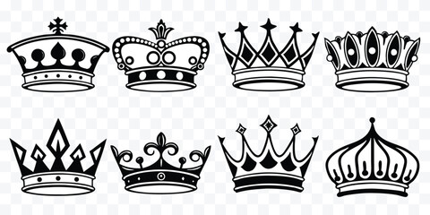 Elegant Collection of Royal Crowns in Black and White Line Art Illustration Depicting Power and Majesty for Designs and Creative Projects © design png