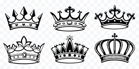 Elegant Collection of Six Unique Black and White Crown Designs for Royalty and Design Projects © design png