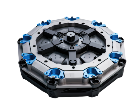 High-tech, octagonal mechanical device.  Complex, precise assembly of gray and blue parts.  Central rotating mechanism