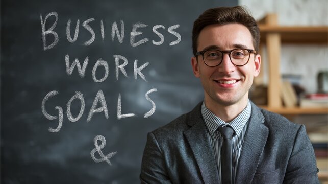 A professional businessman and teacher explains complex financial strategy, lesson, concept using equations during presentation on classroom chalkboard.