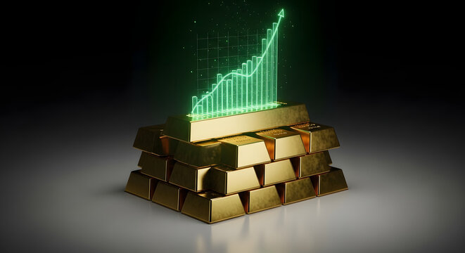 A stack of gold bullion bars with a glowing green financial chart showing upward growth.