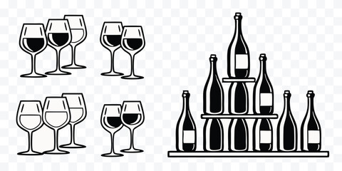 Elegant Wine and Champagne Bottles and Glasses Black and White Vector Illustration Celebration Alcohol Drink Design Template Party Background