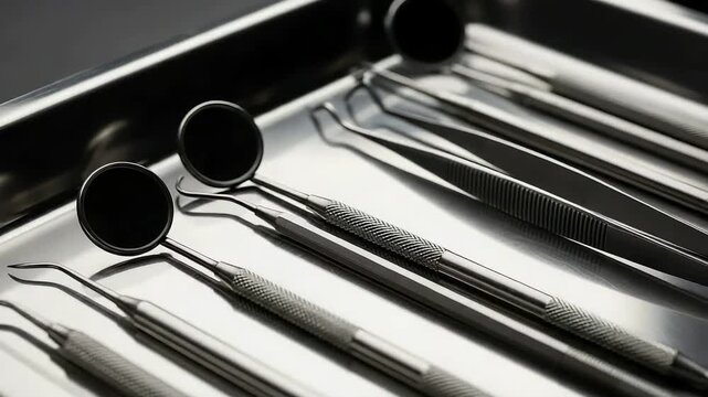 Dental instruments on tray for examination and treatment at the dentist office