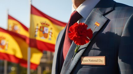 A man in a suit adorned with a red carnation and Spanish flag pin, standing before Spanish flags on National Day