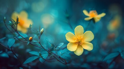 Fototapeta premium Delicate yellow flowers in a teal-toned garden.