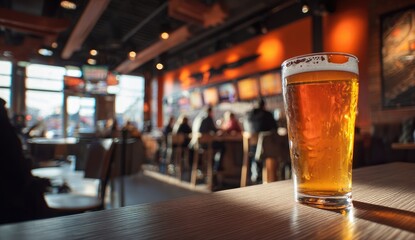 Pint of beer on bar, restaurant, sunny day, patrons