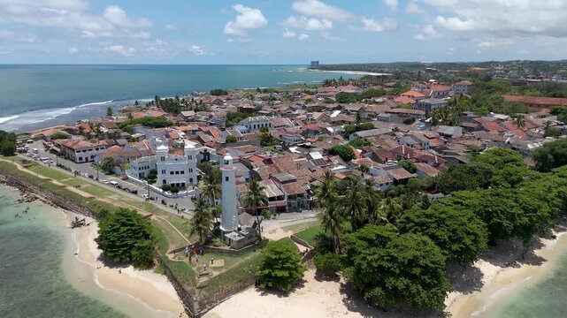 Aerial 4K drone footage of Galle Fort and coastline, Sri Lanka. Stunning views of historic Dutch Fort, lighthouse, beaches, and Indian Ocean&mdash;perfect for travel, tourism, and cultural projects