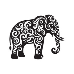 Fototapeta premium Tribal Asian Elephant Silhouette with Decorative Swirls and Patterned Cutouts Vector SVG for Cricut and Tattoo Art Projects