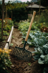 Garden Rake Leaning on Soil in Lush Vegetable Garden