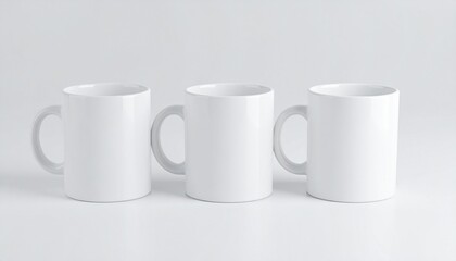 Fototapeta premium 3 Twin white coffee mug mockup side by side on white background for brand logo and merchandise design presentation