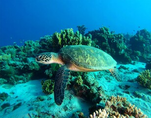 Green sea turtle in coral reef