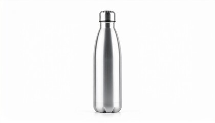 Stainless steel water bottle mockup on clean white background for branding and merchandise design presentation