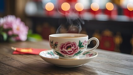 A steaming cup of tea in a floral-patterned porcelain mug, set on a wooden table with soft background lighting.