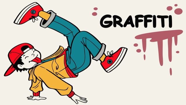 Playful cartoon breakdancer mascot vector – urban 2D character spinning mid-air in street dance pose – vibrant flat design for youth branding or dance content

