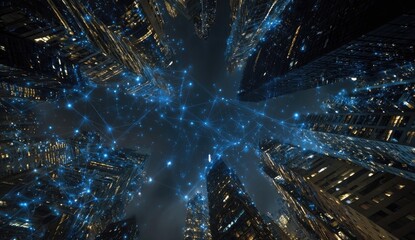 Night city skyline, illuminated buildings, interconnected network of light lines