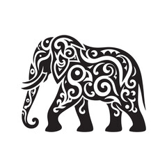 Fototapeta premium Tribal Asian Elephant Silhouette with Decorative Swirls and Patterned Cutouts Vector SVG for Cricut and Tattoo Art Projects