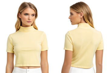 Elegant blonde woman showcases chic pastel yellow turtleneck crop top from front and back views