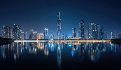Obraz premium City skyline at night reflected in a calm lake