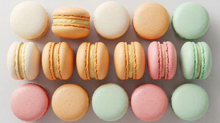 Obraz premium A colorful assortment of French macarons arranged in neat rows on a light background.