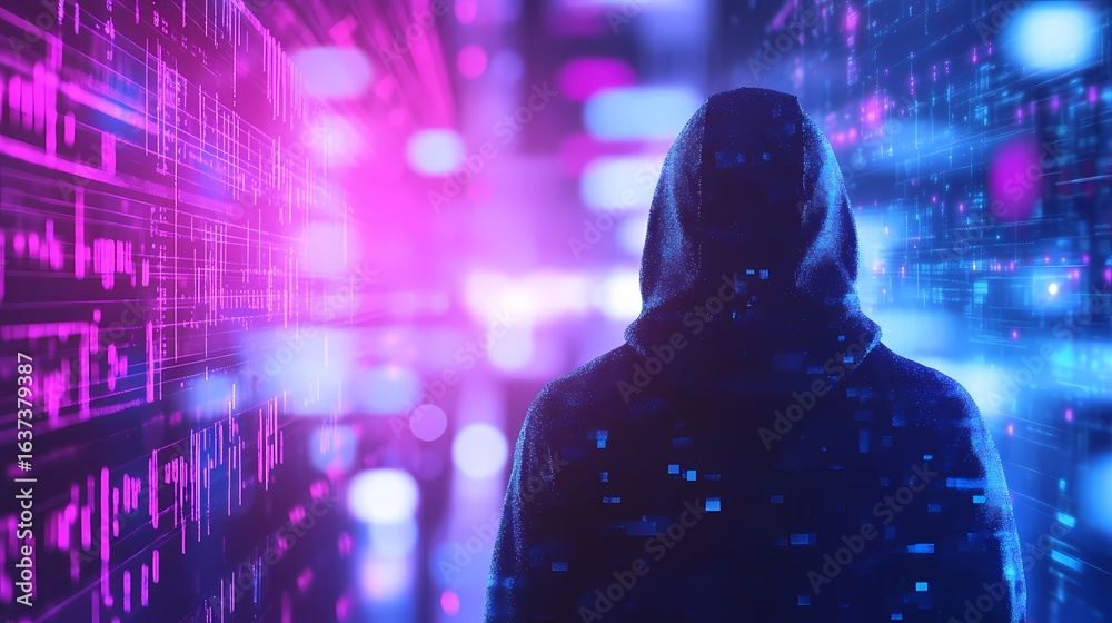 Wall mural anonymous hacker back view in hoodie surrounded by a network of glowing data