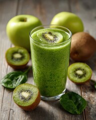 Detox Green Smoothie with Kiwi, Apple, and Spinach in Glass.