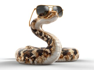 Naklejka premium A cool snake with sunglasses slithers and poses against a clean white backdrop showcasing its scales pattern.