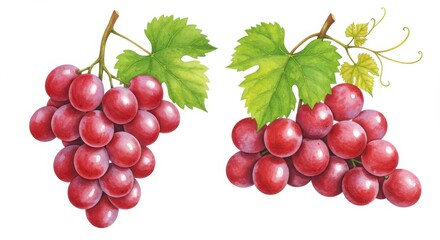 Fototapeta premium Two Clusters of Fresh Red Grapes with Green Leaves Isolated on White Background Perfect for Food Illustrations