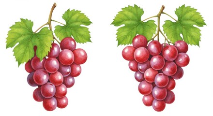 Two Clusters of Fresh Red Grapes with Vibrant Green Leaves Isolated on a White Background Ready to be Enjoyed