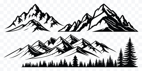 Mountain Range Silhouette Vector Illustration featuring Peaks and Forest Landscape for Outdoor Adventure and Nature Designs showcasing majestic summits and evergreen trees