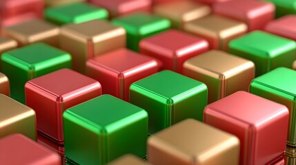 Obraz premium A pattern of glossy cubes in green, red, and gold.