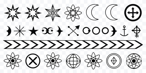 Mystic Symbols Set Black and White Alchemy Astrology Collection of Stars Moons Atoms Arrows Borders Decorative Design Elements