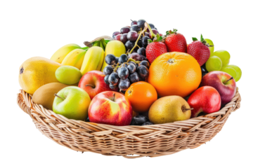 A wicker basket overflowing with various colorful fruits. 