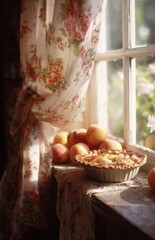 Freshly baked peach pie cooling on window sill with peaches