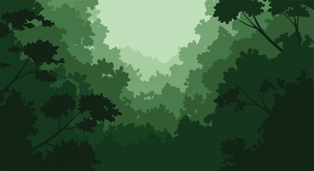 Silhouetted green forest canopy in multiple shades, overhead view to light