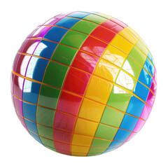 Obraz premium Colorful sphere with a mosaic pattern. A vibrant, glossy sphere is composed of many colorful, square tiles arranged diagonally across its surface. The colors are bold and bright