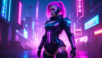 Futuristic cyberpunk woman in neon city