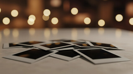 A nostalgic pile of blank instant photos on a table with warm bokeh lights in the background.