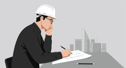 Engineer ponders a blueprint. Tall city buildings are blurred in the background