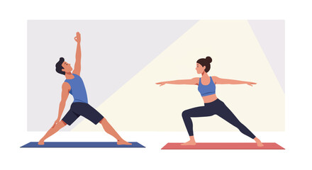 Fototapeta premium People practice yoga poses woman in warrior 2, man in triangle pose, on yoga mats
