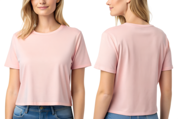 Chic pink cropped tee showcased front and back on a model, perfect for fashion mockups and apparel design